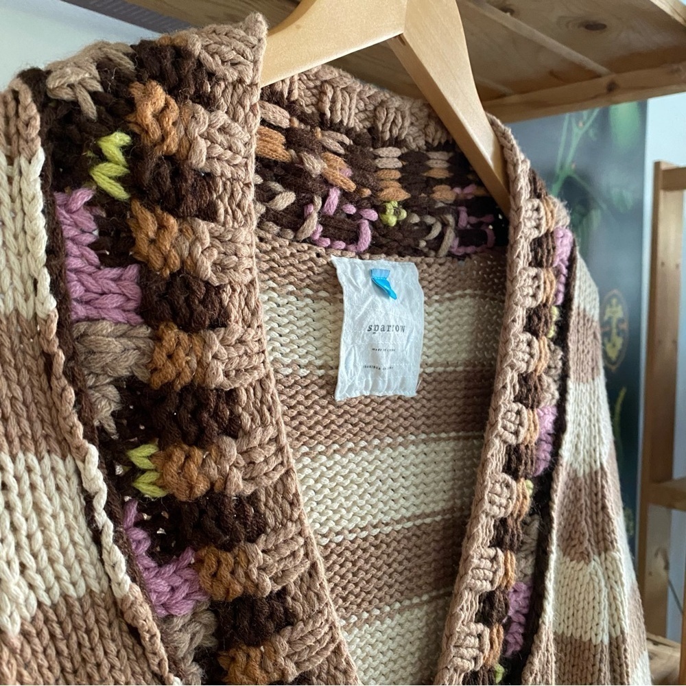 Anthropologie Sparrow Tan Stripe Hopi Basketweave Knit Cardigan Sweater Small - Picture 7 of 15